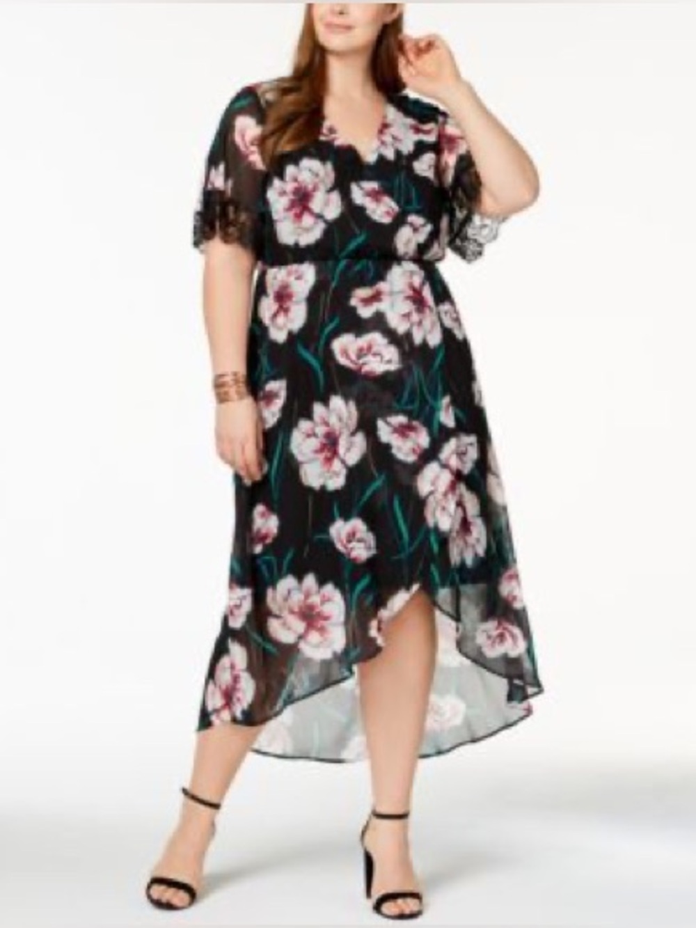 NY Collection Black Floral Chiffon  Mock Wrap Midi Dress